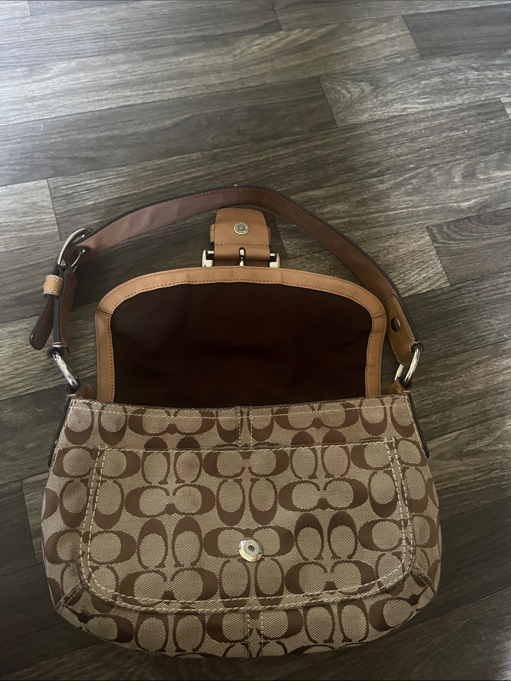 Coach Tan and Brown Signature Canvas Shoulder Bag with Buckle - Picture 3 of 11